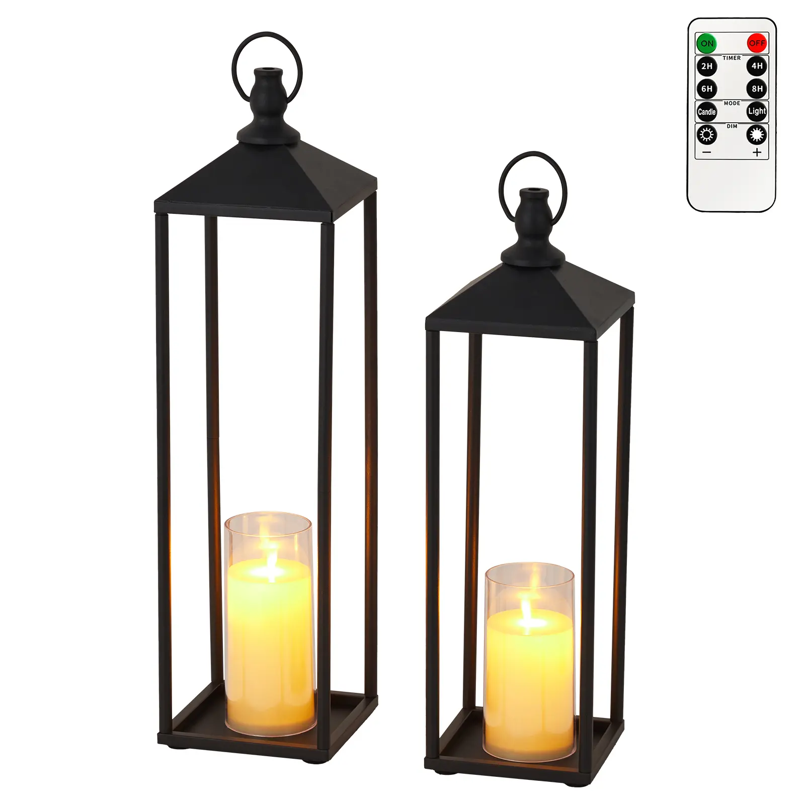 Set of 2 Modern Metal Black Lanterns for Indoor & Outdoor – Decorative Lanterns with Flameless LED Candles for Halloween, Christmas, Home, Mantle, Patio, Porch, Garden, Floor