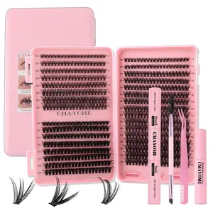Natural Cat Eye Lash Clusters Kit DIY Eyelash Extensions with Lash Bond & Seal Tweezer Fluffy Wispy D Curl Individual Cluster Lashes Full Makeup Kit