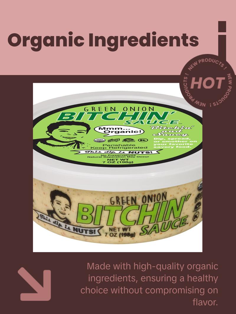 Organic Bitchin' Sauce Sample Pack – Spinach Artichoke, Buffalo, Green Onion, and Roasted Green Chili & Pepita Almond Based Dip and Spread!