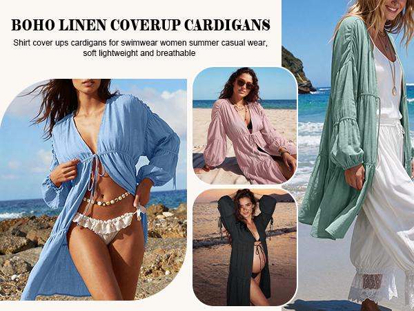 【SS26 Collection】TARSE Womens Oversized Swimsuit Cover Up Linen Blend Tie Front Kimono Long Cardigan Pleated Ruffle Flowy Coverup Beachwear with Pockets Vacation Outfits