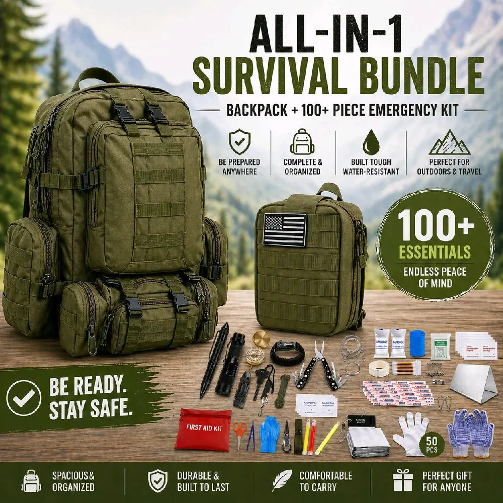 55L Tactical Backpack + 100+ Piece Emergency Survival & First Aid Kit – Outdoor, Travel & Car Preparedness Bundle