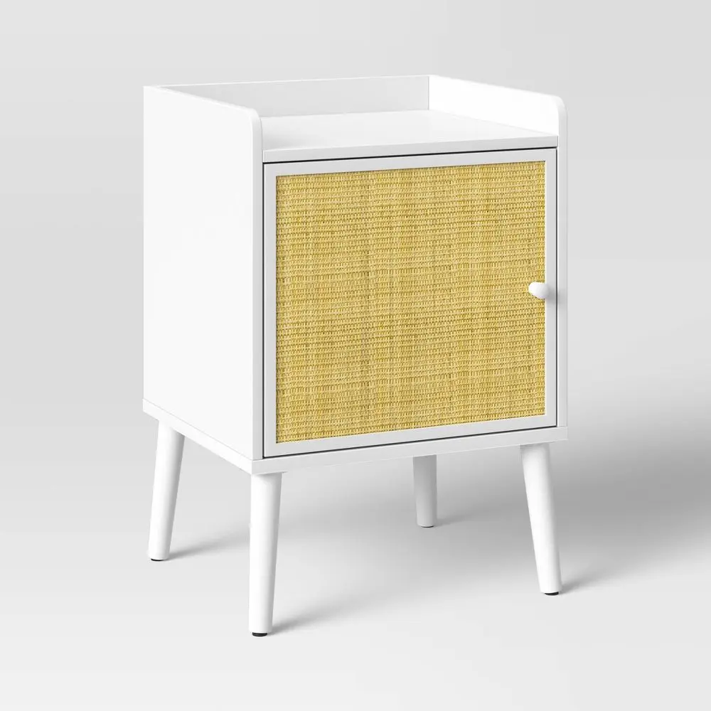 Pillowfort Rattan and Wood Furniture Nightstand, White Eclectic Side Tables Bedroom with Hidden Drawer, Adult Assembly