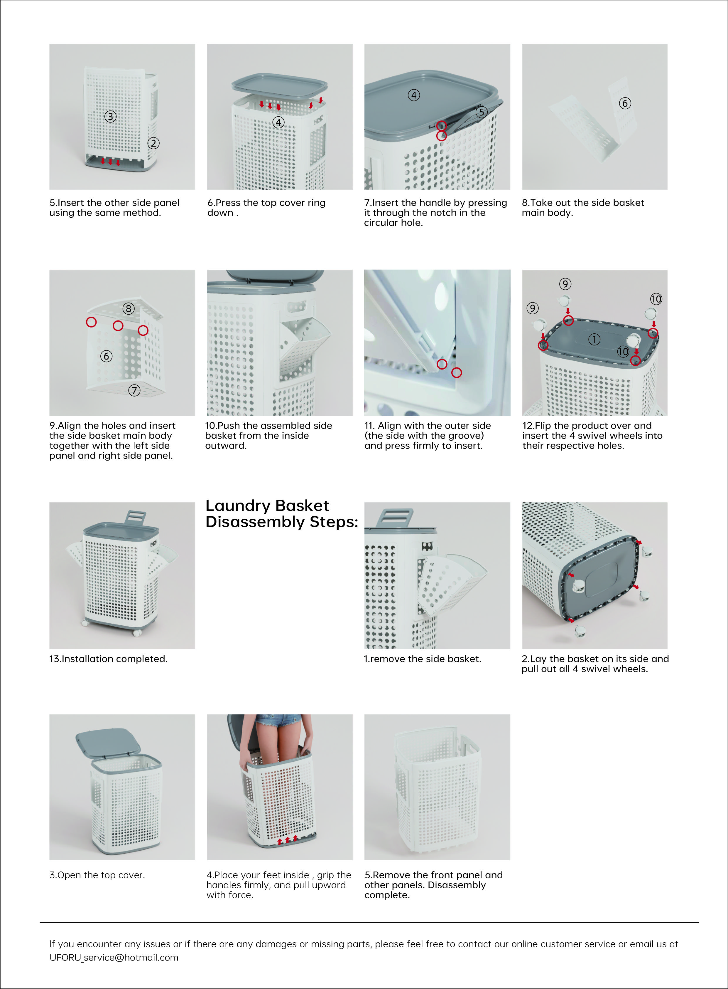 UFORU Laundry basket with wheels, white and gray, ventilated clothes and towel basket, odor-resistant, convenient rolling storage, suitable for dorms, bedrooms, bathrooms, portable laundry basket with lid