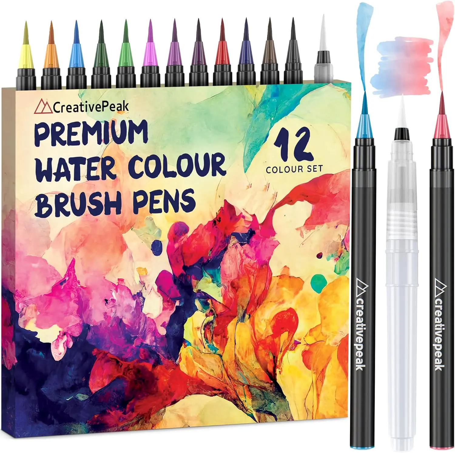 Creativepeak Watercolor Brush Pens - 12 Vibrant Soft-Tip Coloring Markers with Blending Brush, Premium Unisex Art Supplies for Any Age Calligraphy, Coloring & Journaling