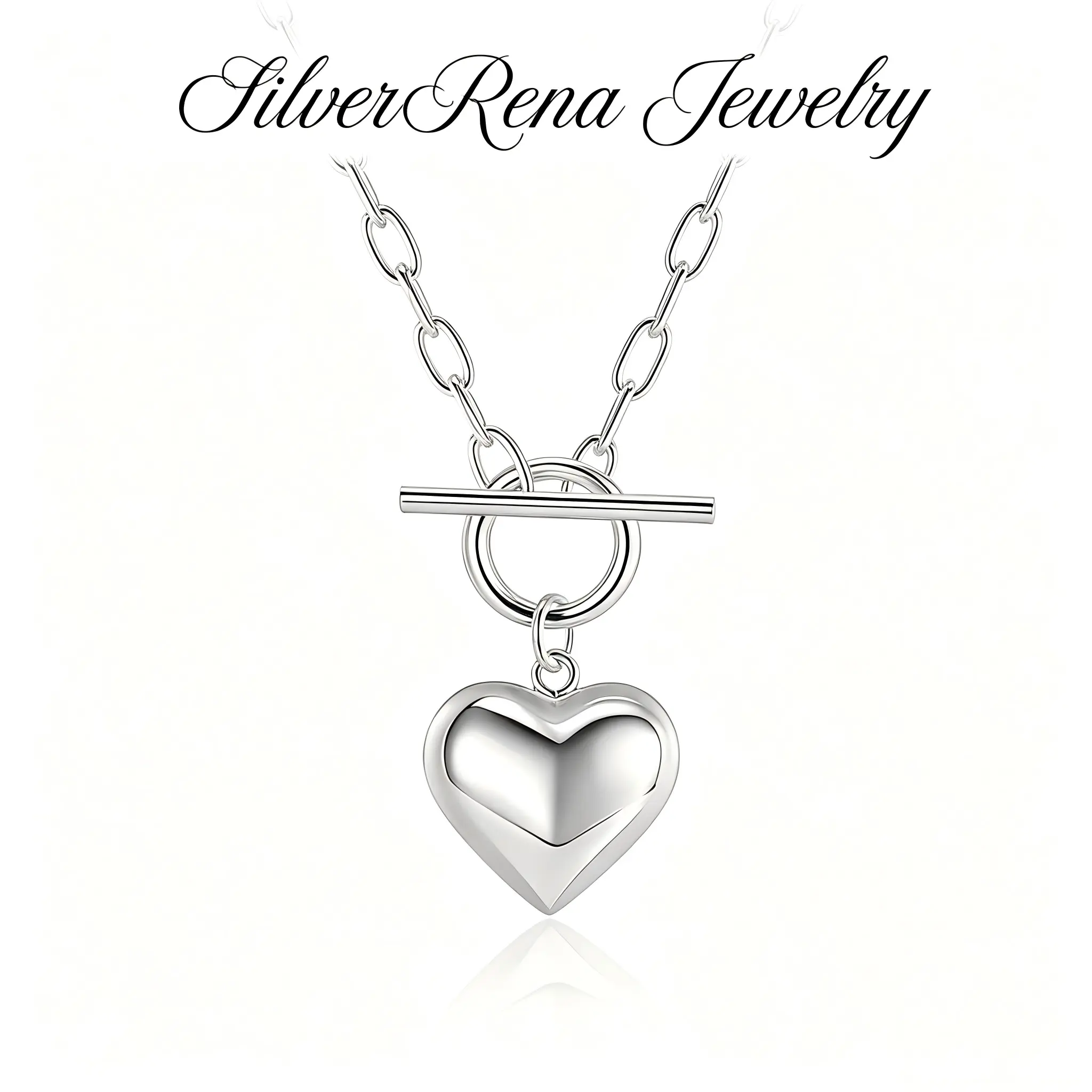 S925 Sterling Silver Minimalist OT Toggle Clasp Necklace Polished 3D Layered Solid Heart Pendant Paperclip Link Chain Vintage Dainty Choker Layering Neck Jewelry Perfect Gift For Birthday Anniversary Valentine Daily Casual Party Outfit