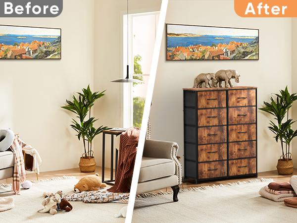 Sweet Furniture S - Tall Fabric Storage Tower Dresser with 10 Drawers and Wood Top for Bedroom