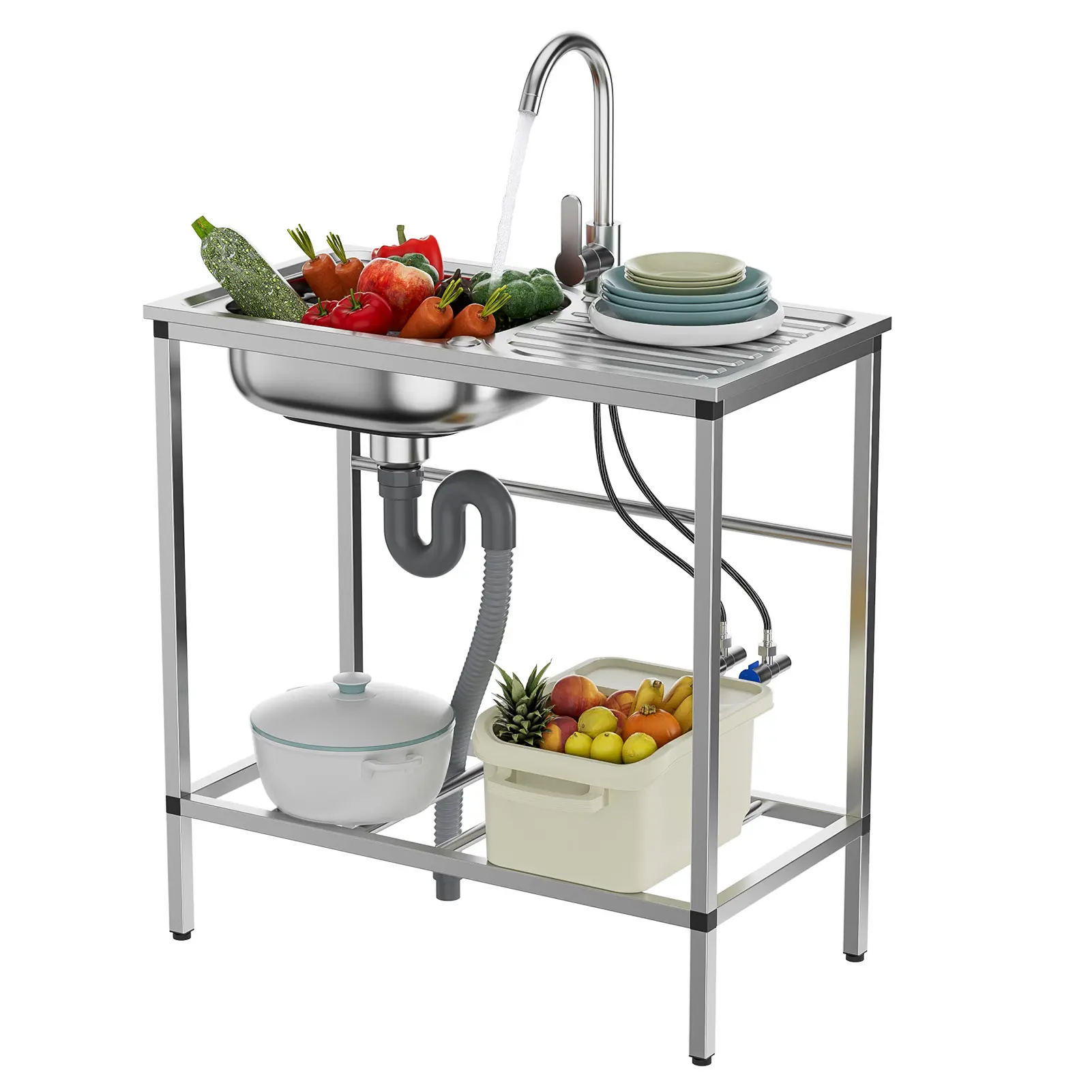 Stainless Steel Freestanding Single Bowl Deep Impact-Resistant Utility Sink Set - Home Kitchen Fixture Set with Hot and Cold Faucet, Hose Hook Up, Storage Shelves, Polishing Finish, Easy Install for Garage, Outdoor Use