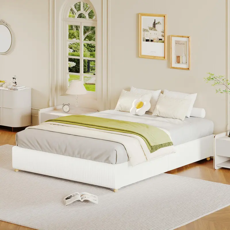 Queen Size Cloud Bed Frame，Corduroy Low Bed Frame Without Headboard,Thick Fabric Upholstered Platform Bed,Solid Wood Legs, No Box Spring Needed,White