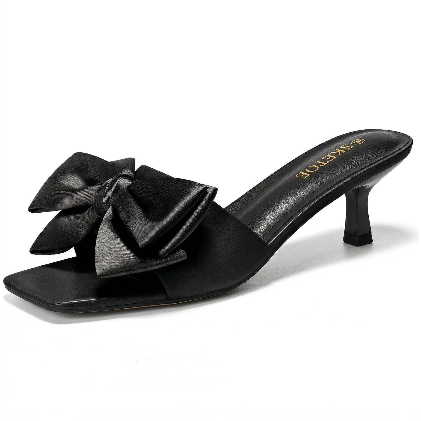 Women's Kitten Heel Sandals with Bow – Square Open Toe Mule Heels, Slip-On Summer Slides. Comfortable