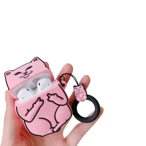 Cartoon Cat AirPods Case Precision Molded Silicone Protective Cover with Finger Ring Strap for TWS Earphones