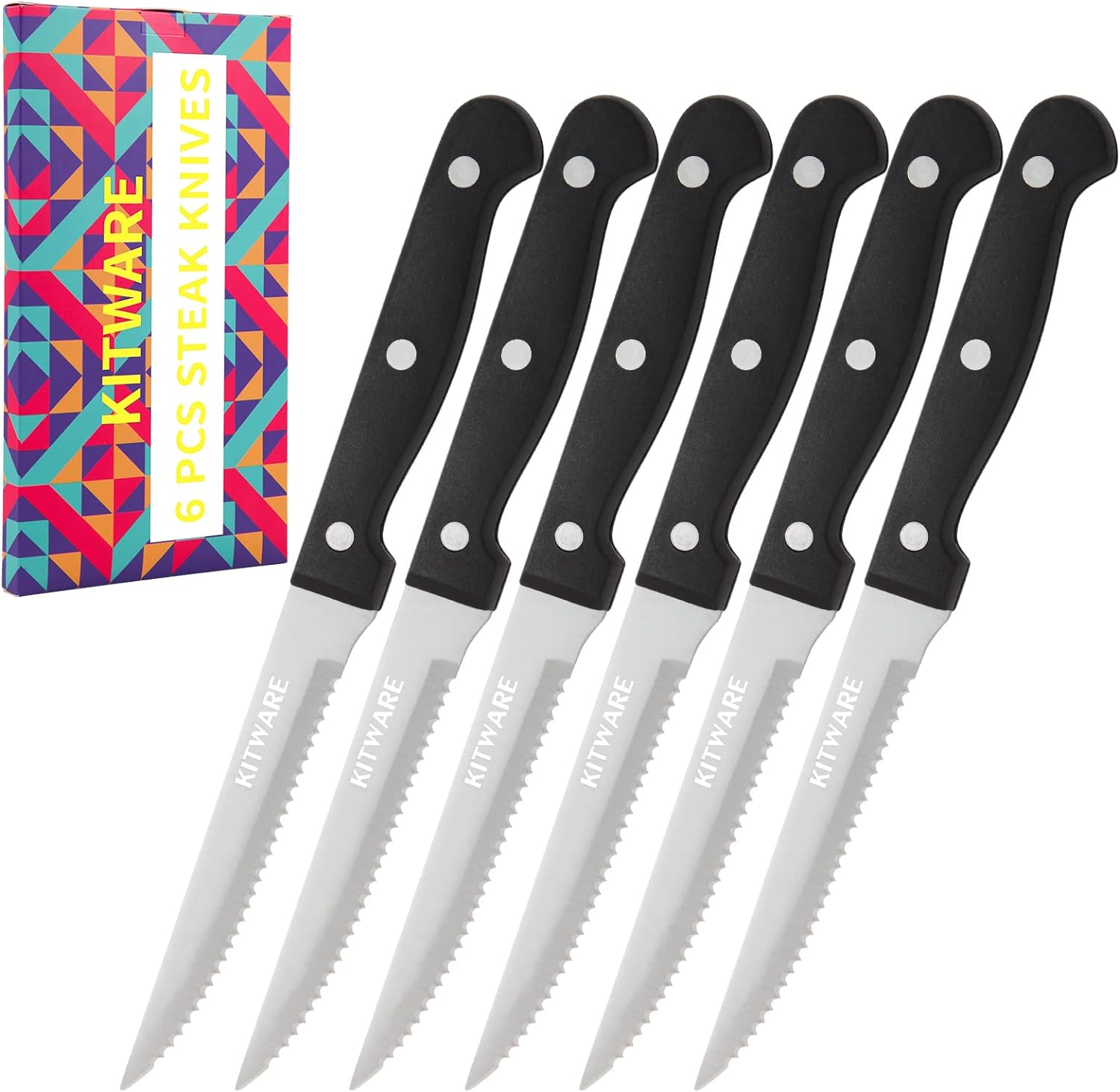 Steak Knives Set in Gift Box,4.5 inch Sharp Steak Knives Set of 6, Serrated Edge Knife with Black Handle,Stainless Steel Knifes for Bread, Butter and Meat