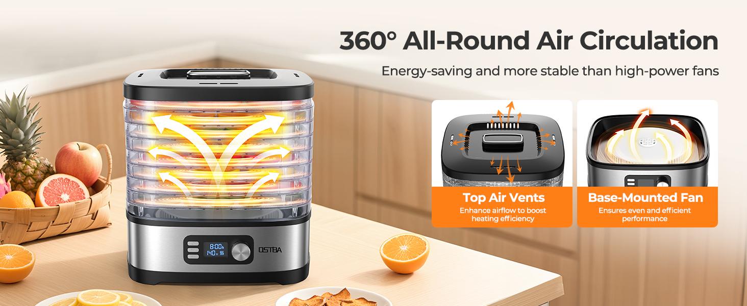 OSTBA 8-Tray Food Dehydrator, 72H Timer & Temp Control up to 158℉, Includes 8 Mesh Sheets, 1 Fruit Roll Tray, 1 Tongs, Recipe Book for Jerky, Fruit, Meat, Vegetables, Herbs, BPA-Free