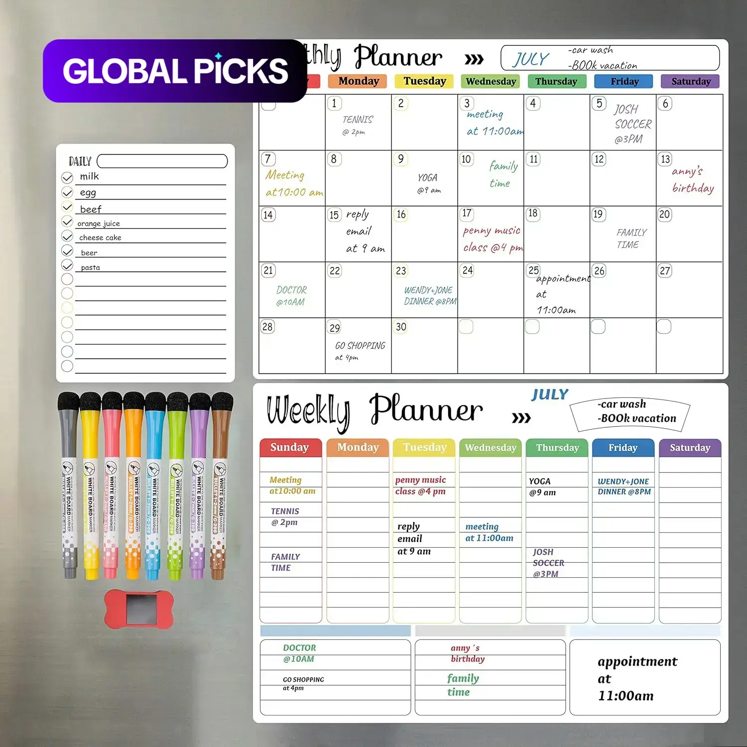 1 Set Magnetic Dry Erase Calendar Whiteboard with Monthly, Weekly and Daily Planners, 8 Markers and Eraser, Magnetic Erasable Chalkboard Set for Home or Office #GLOBAL PICKS