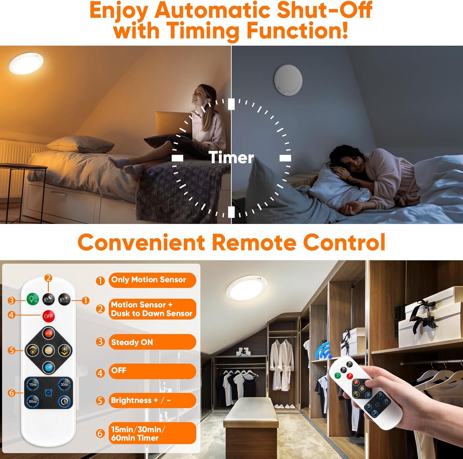 Rechargeable Motion Sensor Ceiling Light with Remote - Magnetic Wireless Ceiling Light Battery Powered for Closet Shower Stairs Shed Hallway Porch Patio ect