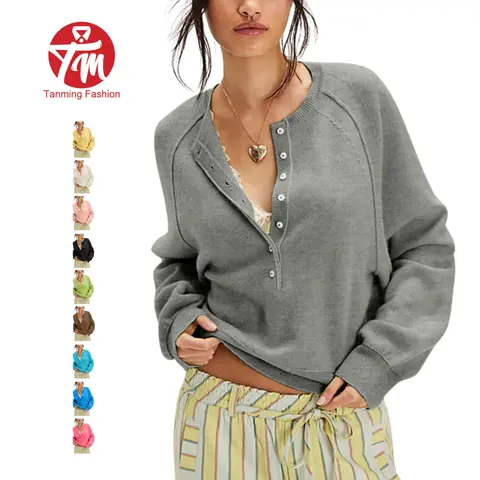 Tanming Womens Henley Button Sweaters Long Sleeve Raglan Slouchy Loose Knit Pullover Tops Casual Spring Fall Winter Work School Vacation Outfits Clothing