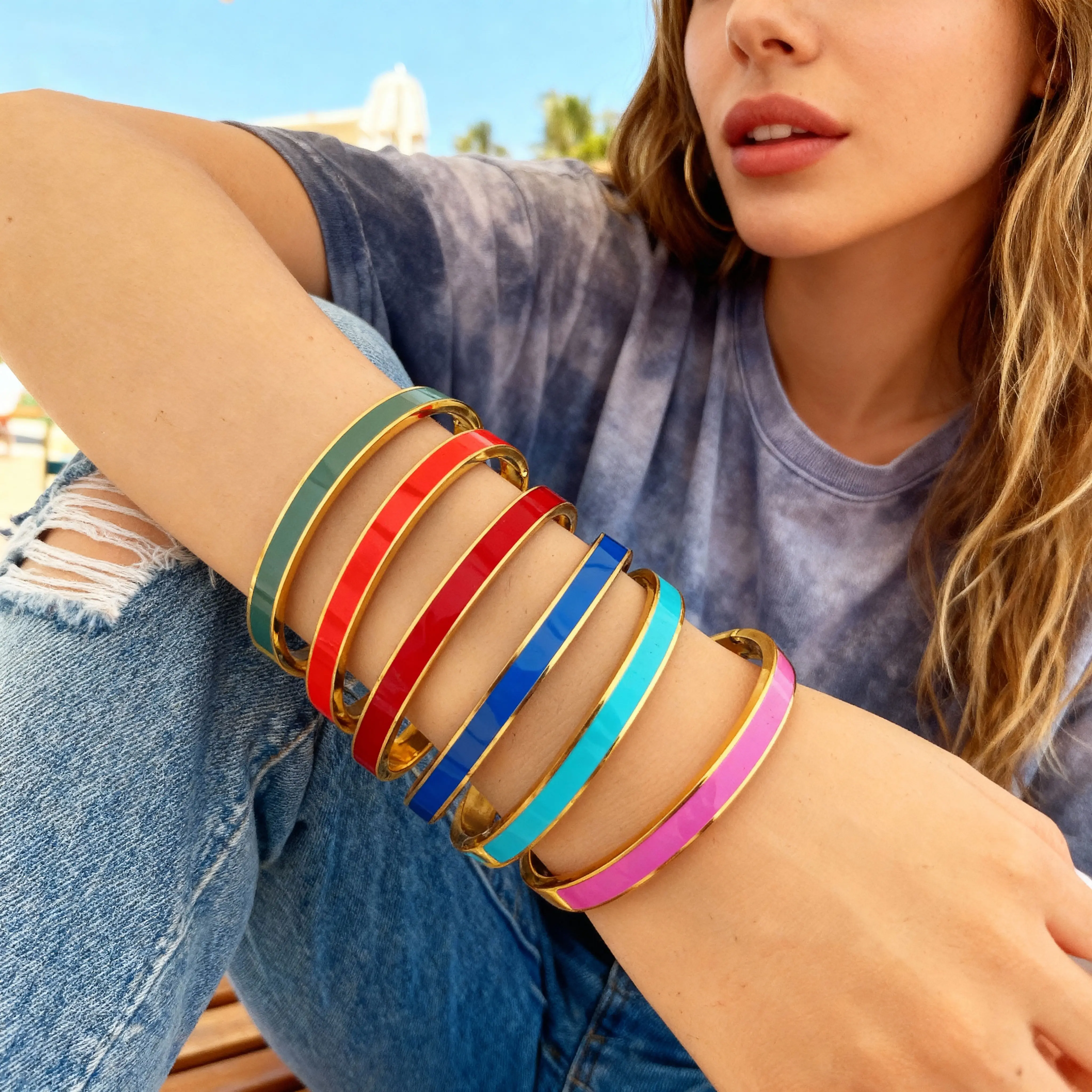 Color Pop Bangle Stack Vibrant Enamel Bangles for Summer Festivals & Beach Days Stackable Waterproof Perfect Gift TikTokMadeMeBuyIt Meaningful Book Necklace Twist Rhinestone Rose Gold Zirconia Letter Unisex Steel Ball Leg Healing Circle Diamond