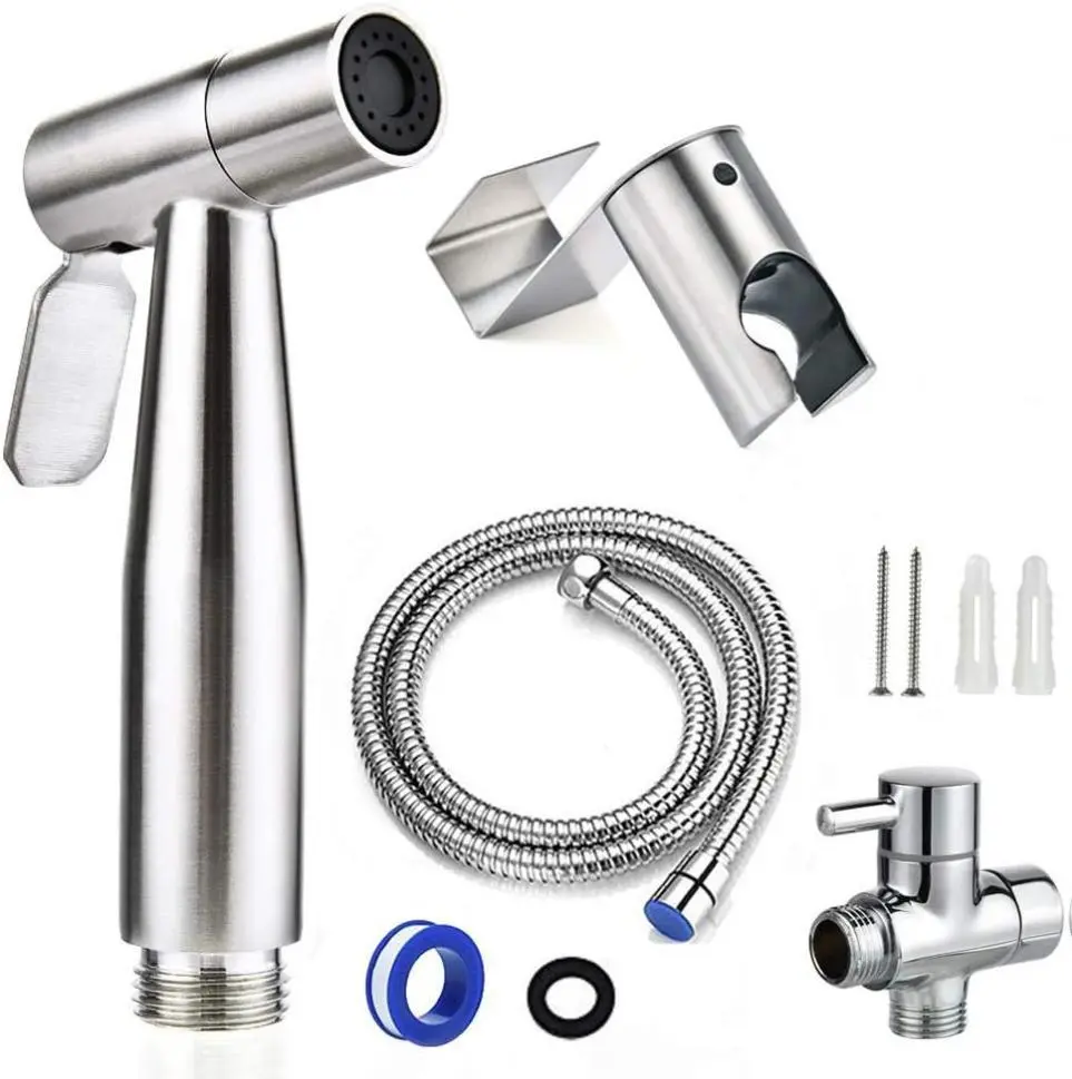 Stainless Steel Handheld Toilet Bidet Sprayer Complete Kit - Pressurized Nozzle & Bidet Parts, Adjustable Flow Faucet, 7/8" Hose Attachment, Wall Mount, Rubber Rings, Teflon Tape for Postpartum Care, Bathroom Cleaning