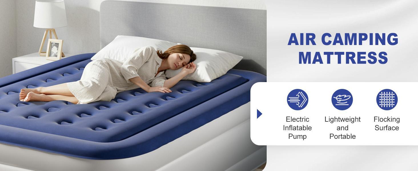 18 Inch Queen Size Air Mattress With Built-In Pump, Elevated Comfort Air Mattress, Quick Inflate/Deflate Air Mattress For Family Guests Camping, Blue&White