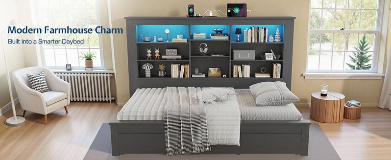 AMERLIFE Twin Daybed with Bookcase Headboard, USB-C Charging, RGB Lights & 3 Drawers, No Box Spring Needed, Farmhouse Wood Bed Frame for Teens, Dorms, Guest Room, Black/Best Gift Ideas/Christmas Gifts