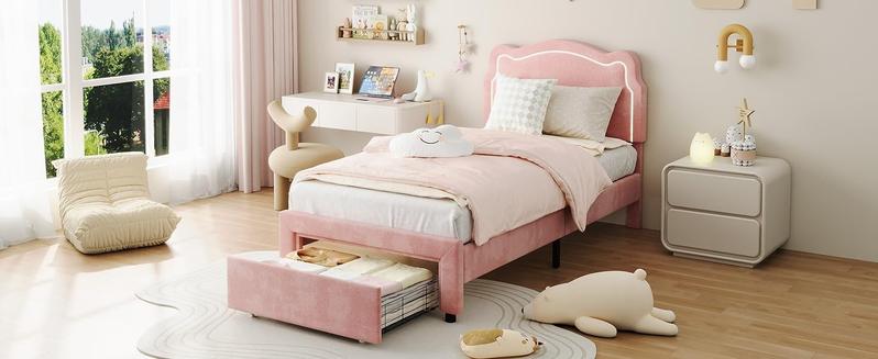 Twin Upholstered Smart LED Bed Frame With Adjustable Headboard, Velvet Princess Platform Bed Frame , Wooden Slats Support, No Box Spring Needed, Easy Assembly,Pink