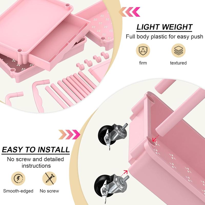 VANCASTLE 3/4 Tier Rolling Utility Cart Organizer with Removable Drawer - Sturdy Rolling Storage Cart with 2 Lockable Wheels for Bathroom, Kitchen, Snack, Craft, Makeup, and Baby Essentials White Racks bathroom organizer garage accessories