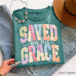 [Saleup to 74%]Comfort Colors Saved by His Grace PRINT Shirt, Faux Quilted Easter Christian Tee, Varsity Faith Cottagecore Jesus Top