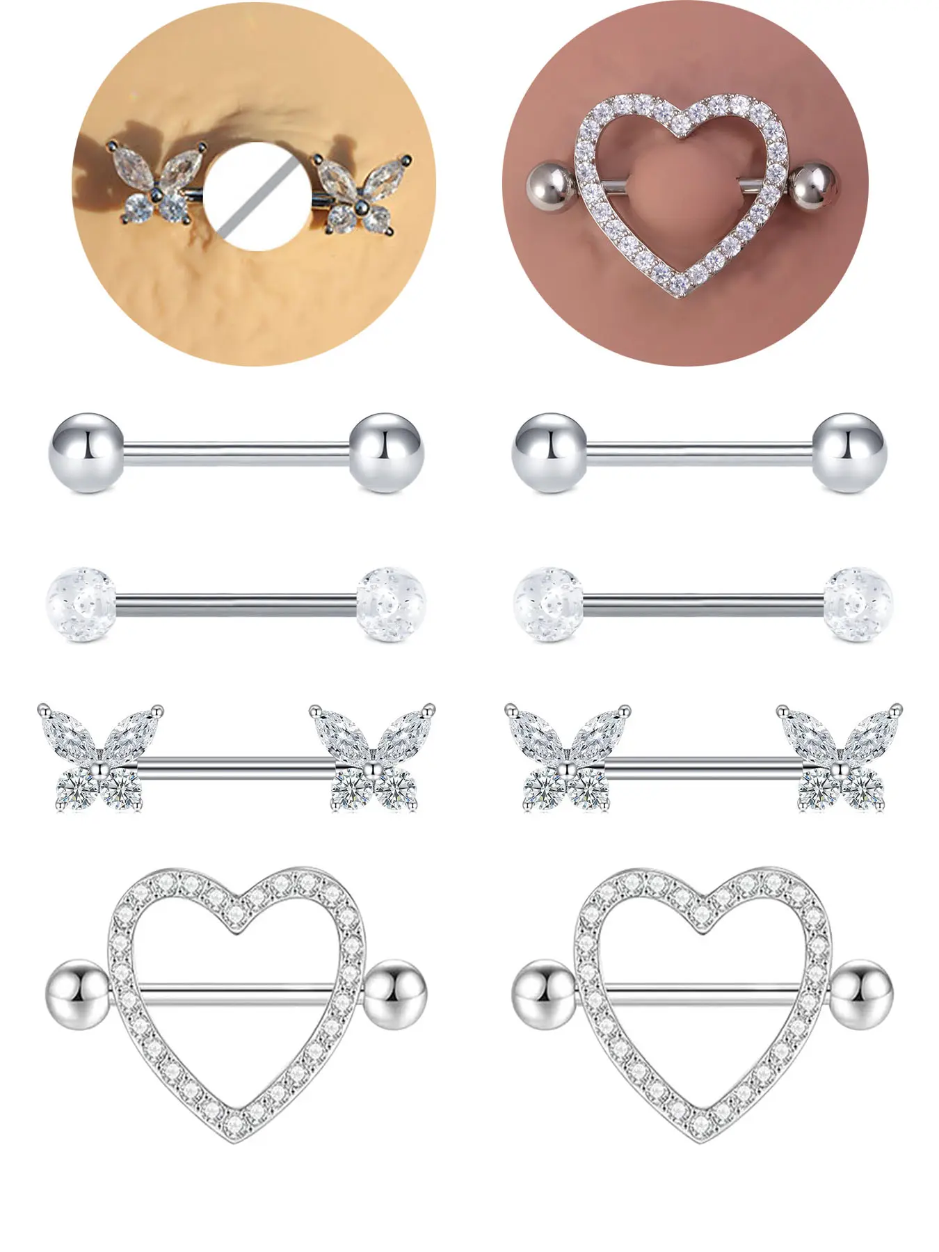 4 Pairs 14 Gauge Cute Heart Butterfly CZ Nipple Rings Nipple Piercing Jewelry Body Piercings Hypoallergenic Stainless Steel Nipple Barbell Nipple Rings Set Body Jewellery