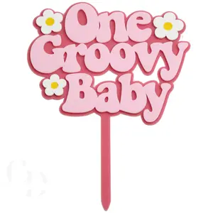 One Groovy Baby Cake Topper, Pink Acrylic, Double Layered- 1 pack