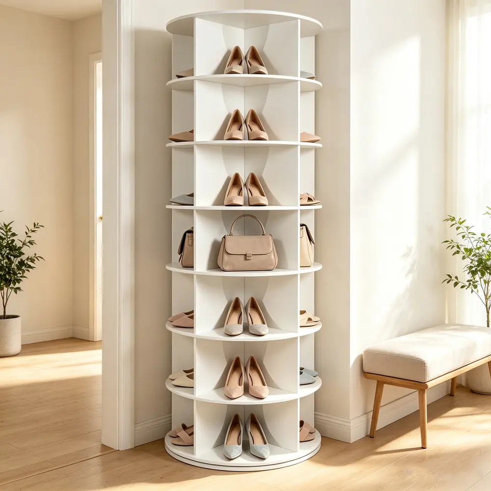 entryway living room hallway  7-Tiers Organizer Shoe Rack, Fits 28 Pairs of Shoes, Spinning and Revolving 360 Shoe Rack Storage Round Carousel, for Entryway Living Room Hallway Footwear Organization display