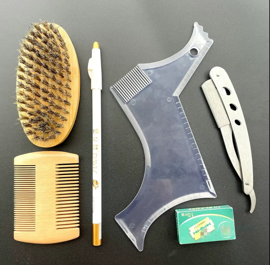Wango Men’s 6-in-1 Durable Professional Stainless Steel Barber Kit Set - Multi-Tool for Barbering, Daily Edging, DIY Shave - Hair Care & Beard Brush, Straight Razor, Barber Pencil, Comb, Scissors - Ideal Adult Gift