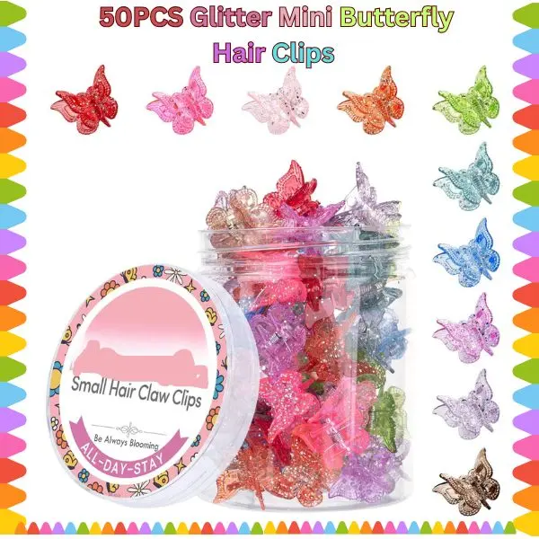 50PCS Sparkly Glitter Plastic Mini Butterfly Hair Clips - Y2K Tiny Claw Clips for Female, Daily Colorful Cute Hair Accessories, perfect for Mother's day gift and birthday gifts