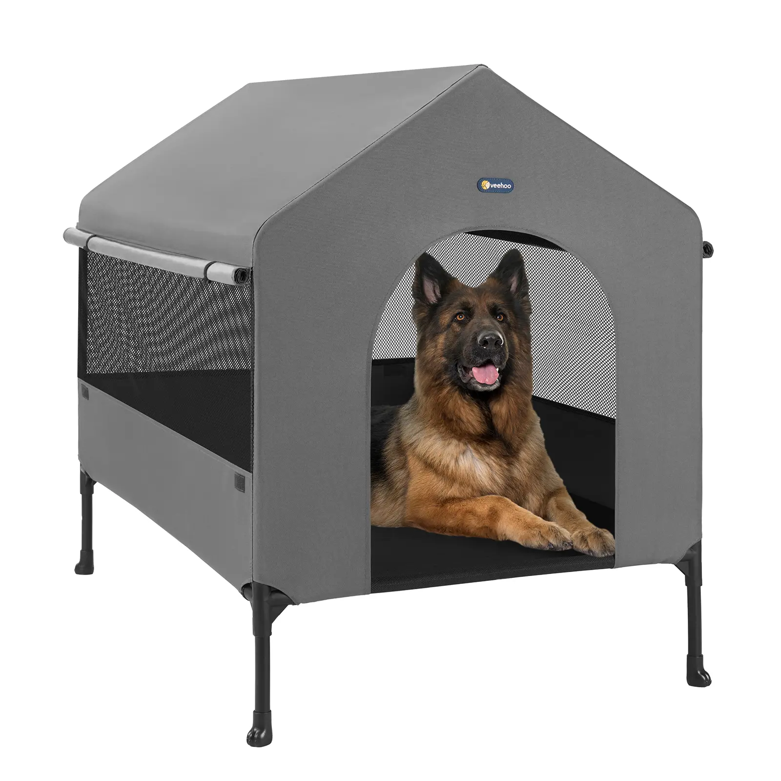 Veehoo 2-in-1 Large Steel Elevated Dog House - Waterproof Polypropylene, Canopy Shade Cover, Wind-rain Shield, Nylon Fleece, 3-sided Scratch-resist Mesh Windows, Elevated Dog Cot Tent for Outdoor/Indoor Use