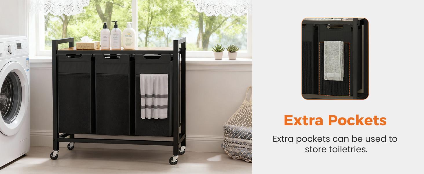 Laundry Hamper, Laundry Sorter with Shelf, Clothes Basket Organizer with 2 Pull-Out and Removable Bags, Movable Wheels for Laundry Room Bathroom Bedroom, 2 × 11.2 Gal (85L), Metal Frame, Black