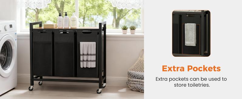 Laundry Hamper, Laundry Sorter with Shelf, Clothes Basket Organizer with 2 Pull-Out and Removable Bags, Movable Wheels for Laundry Room Bathroom Bedroom, 2 × 11.2 Gal (85L), Metal Frame, Black