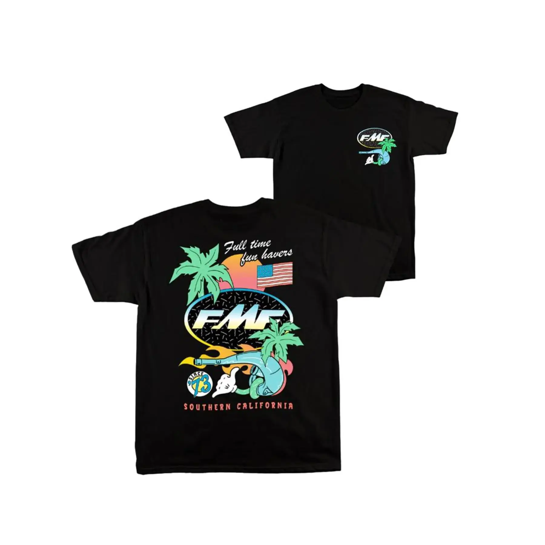 Men's Fitted Round Neck Short-Sleeve Breathable Soft Graphic T-Shirt - American Streetwear Casual Sports Top with Tropical Palm Tree Sunset, US Flag, FMF Exhaust Pipe Prints