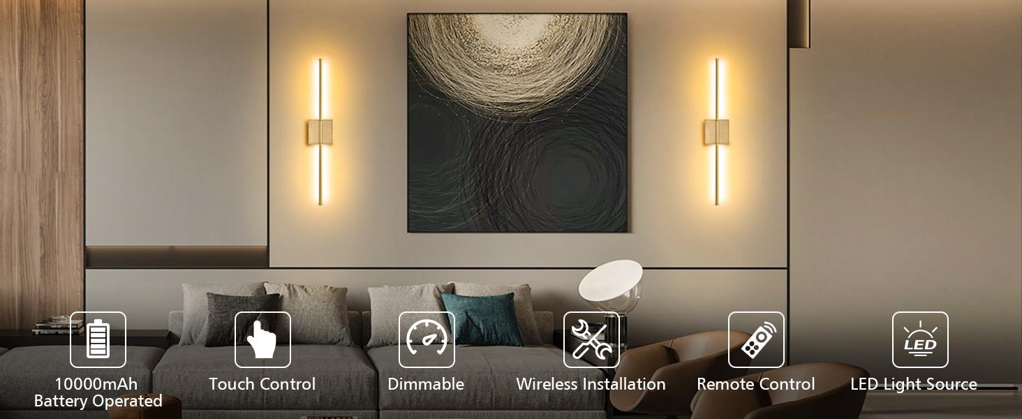 echosari Battery Operated Wall Sconces, Rechargeable Dimmable LED Wall Lights with Remote & Timer, 350° Rotatable Wireless Sconce Lamps for Bedroom, Hallway & Living Room Decor