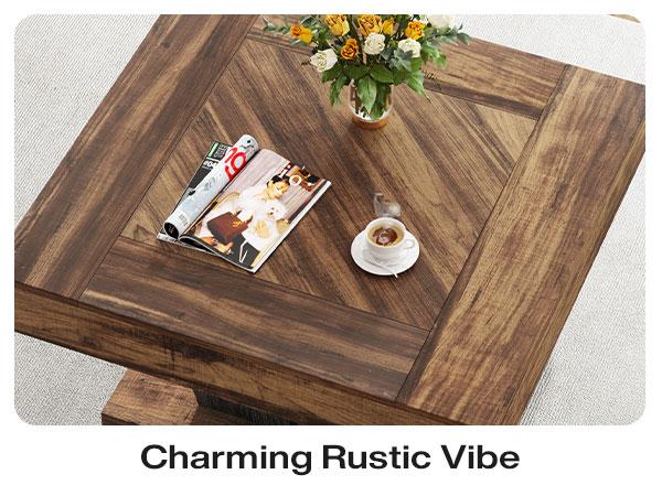 Tribesigns Square Coffee Table, Rustic Brown & Black Modern Center Table with Adjustable Foot Pads for Happy Hours, Living Room, Cocktail Tea Table, and Decorative Items