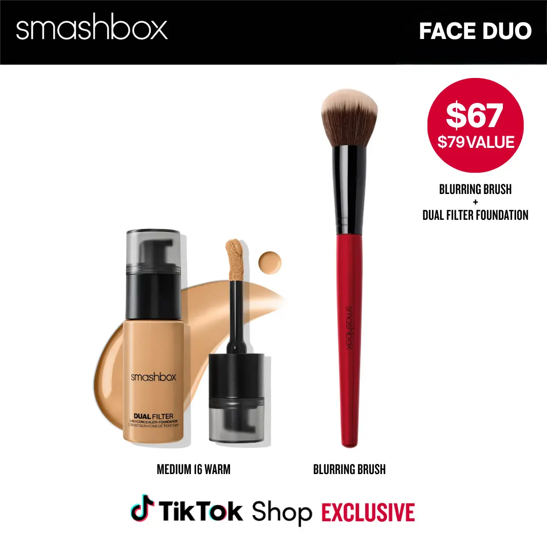[TikTok Exclusive Bundle] Smashbox Face Duo | Dual Filter 2-in-1 Concealer + Foundation Full Coverage Face Makeup + Blurring Foundation Brush