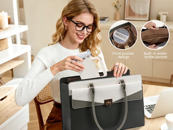 LOVEVOOK Laptop Tote Bag for Women - PU Leather Vintage Work Tote Bag,Waterproof Business Teacher Bag with Large Cup Holder,TikTokShopStockUp