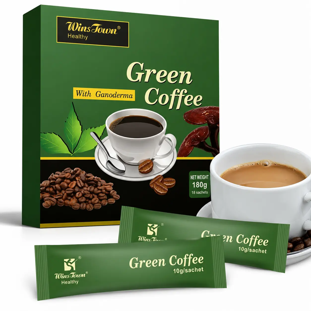 WinsTown Green & Ganoderma Botanical Instant Coffee Mix - 18 Sachets, 180g Nutrient-Rich Everyday Dose Mushroom Coffee Drink, Smooth Beverage
