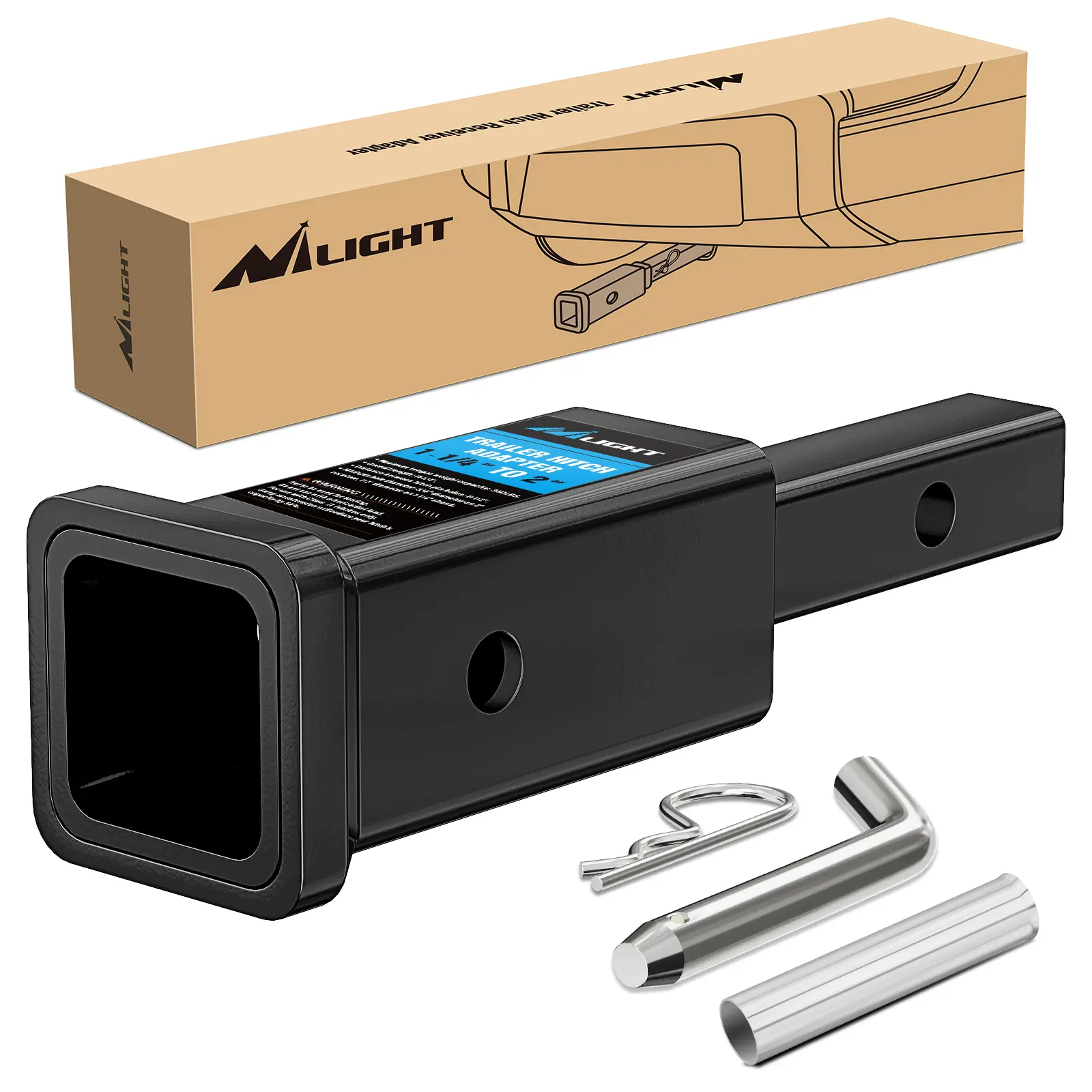 Nilight Trailer Hitch Receiver Extender Adapter Reducer 1-1/4 to 2Inch Hitch Adapter 6-1/2 inch Extension Sleeve Convertor 350Lbs with 1/2-Inch Diameter Pin and Clip with 5/8-Inch Adapter