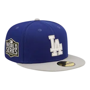 New Era 59Fifty MLB Los Angeles Dodgers Embroidery Letterman Fitted Baseball Cap, Blue-Grey, Baseball Caps