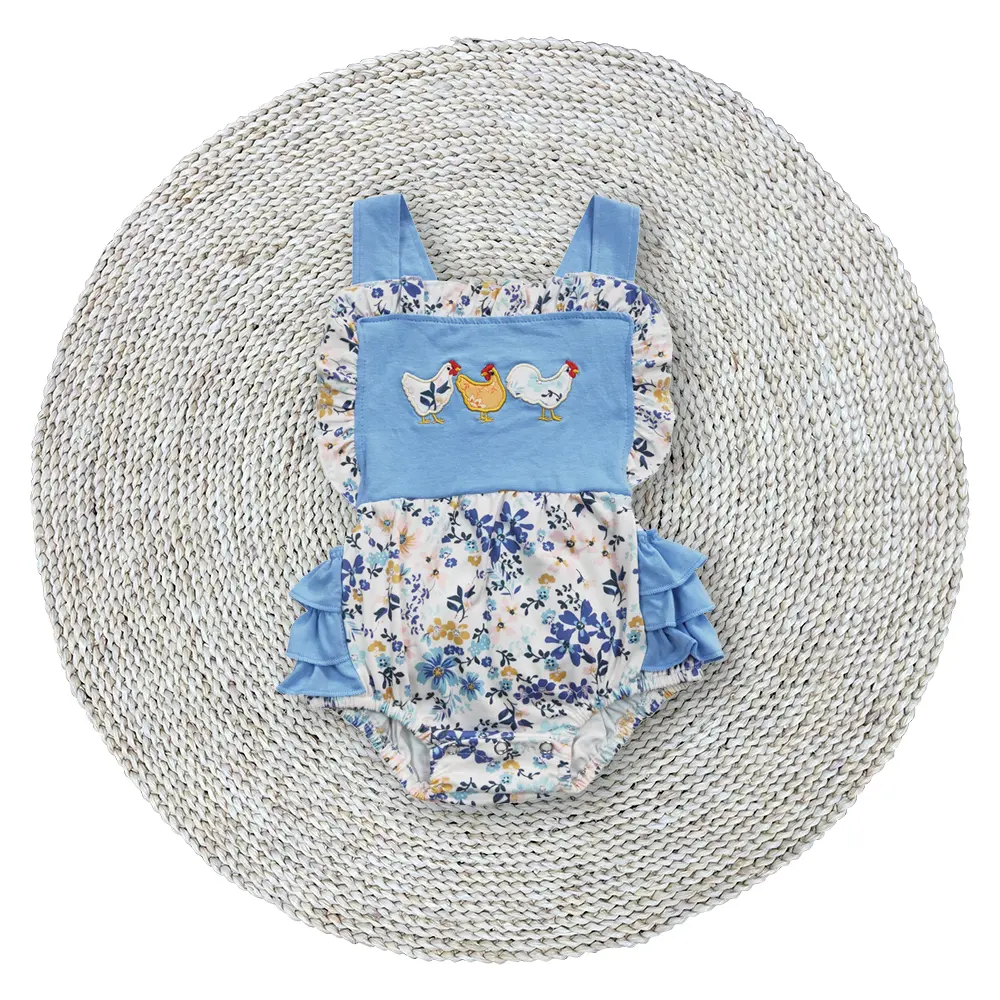 Baby Girls Spring Blue Color Cute Chicken Embroidery Ruffle Straps Bubble Snaps Floral Rompers