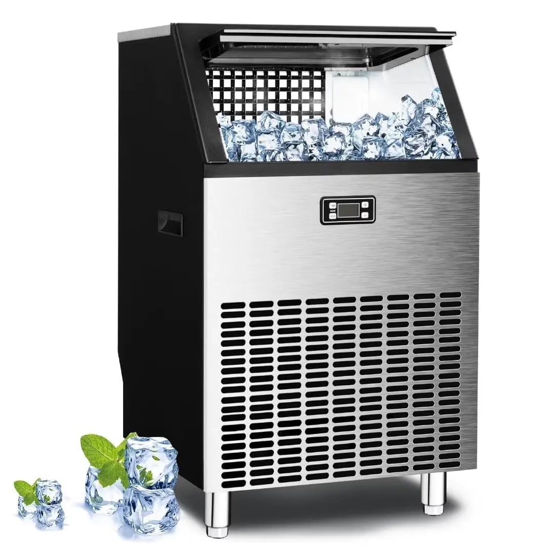Kismile Commercial Freestanding Crescent Ice Machine Maker - 100/120/200/265lbs/24h Production, 30lbs Storage Bin, 67.1lbs Heavy-Duty Stainless Steel, Icemakers Countertop-Compatible, 15.57x17.64" Adjustable Size, Automatic Clean for Home Bar, Coffee Shop