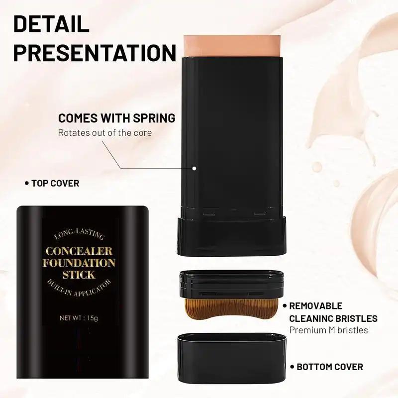5-color Dual -Ended Foundation Concealer Stick, Dual-ended with Built-in Brush, Moisturizing & Lightweight，Versatile Cosmetic Tool