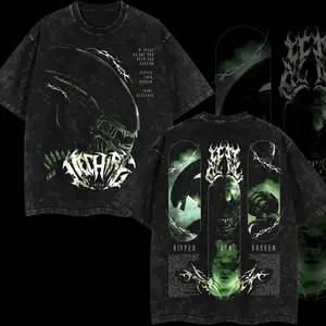 ALIEN XENOMORPH Horror Movie Double Printed Oversize Lightweight Acid Washed Tee TV Series Graphic T-Shirt