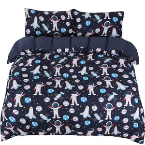 PiccoCasa Kids Duvet Cover Set 3 Piece Bedding Set Soft Fade & Wrink Space Rocket Print with 2 Pillowcases Queen