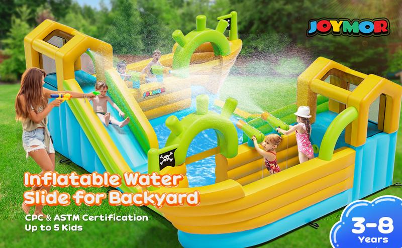 JOYMOR Inflatable Water Slide Park, 2 Pirate-Boat Giant Water Slide Bounce House w/4 Water Cannons, Challenge Climbing Wall, 10-in-1 Water Slides for Kids Backyard Outdoor w/Blower, Up to 6 Kids