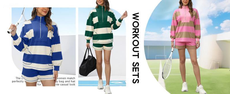 WoodBerry Women's 2 Piece Striped Tracksuit Set – Long Sleeve Top Pullover & Shorts with Pocket, Oversized Stretchy Sportswear Outfits for Workout & Lounge