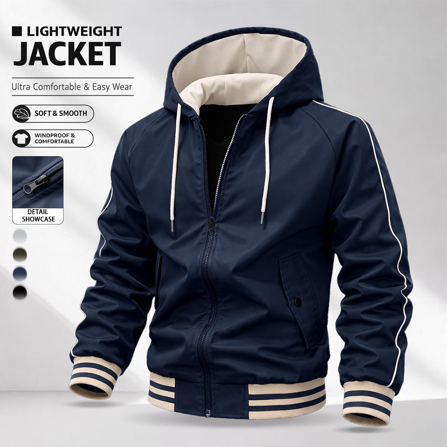 Men’s Patchwork Zip-Up Hooded Jacket – Lightweight windproof casual jacket with a soft, smooth street style, featuring contrast striped cuffs, suitable for everyday wear and outdoor commuting Casual